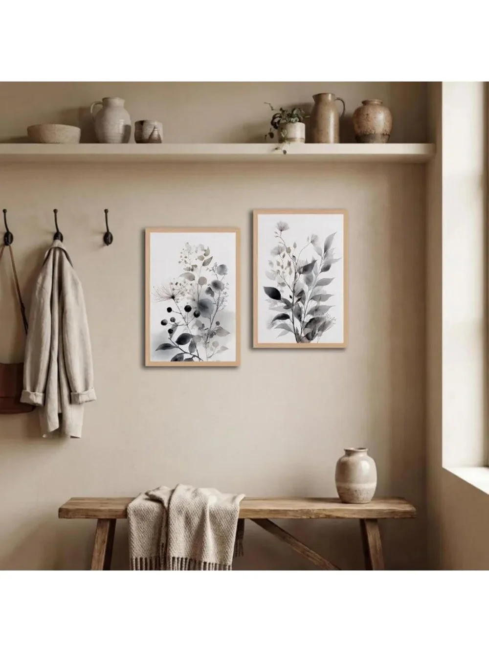 Set of 2 Framed Botanical Wall Art - Neutral Floral Canvas Prints 16x24